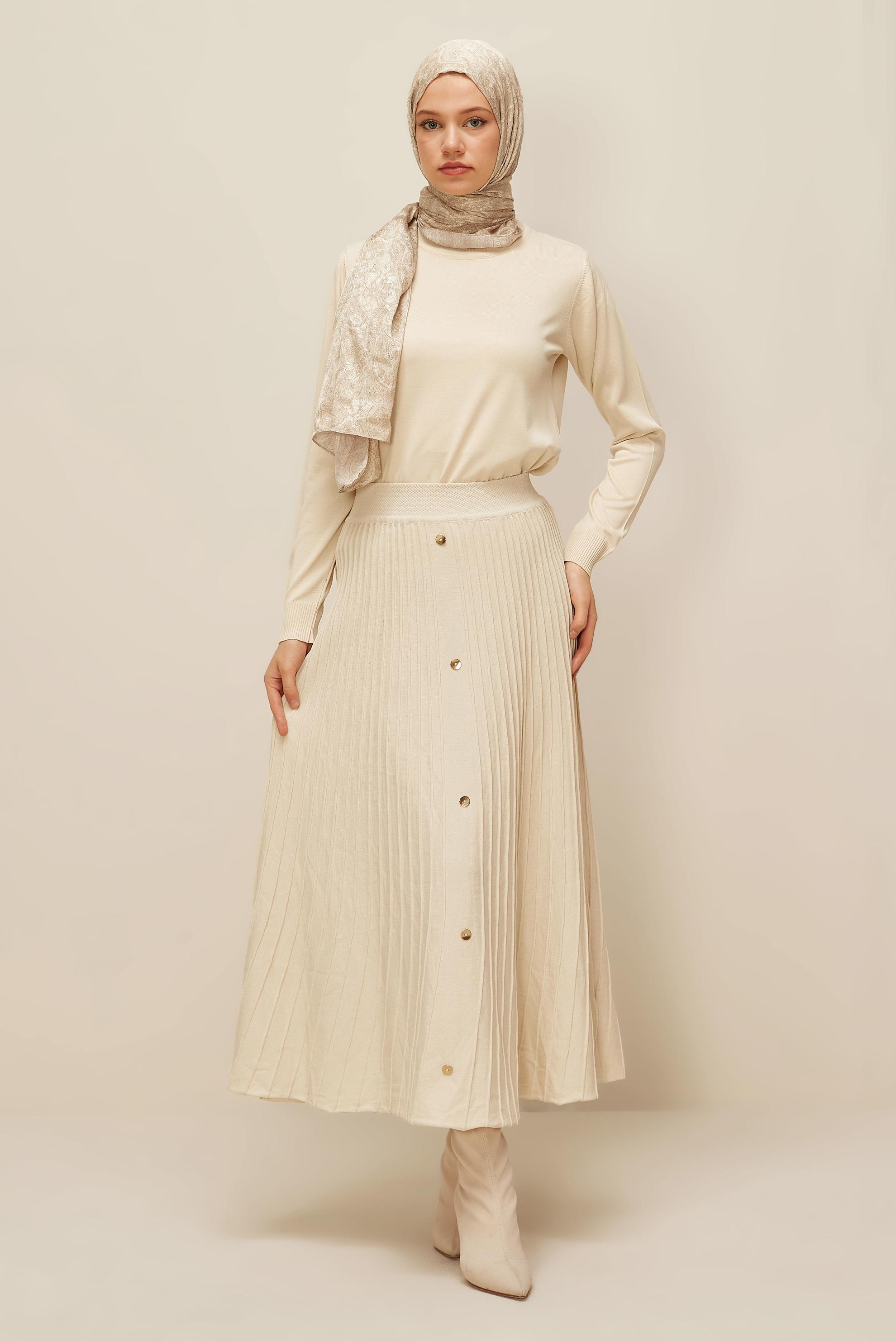 Hijab clothing BEIGE BUTTON DETAILED KNITWEAR SKIRT 60700