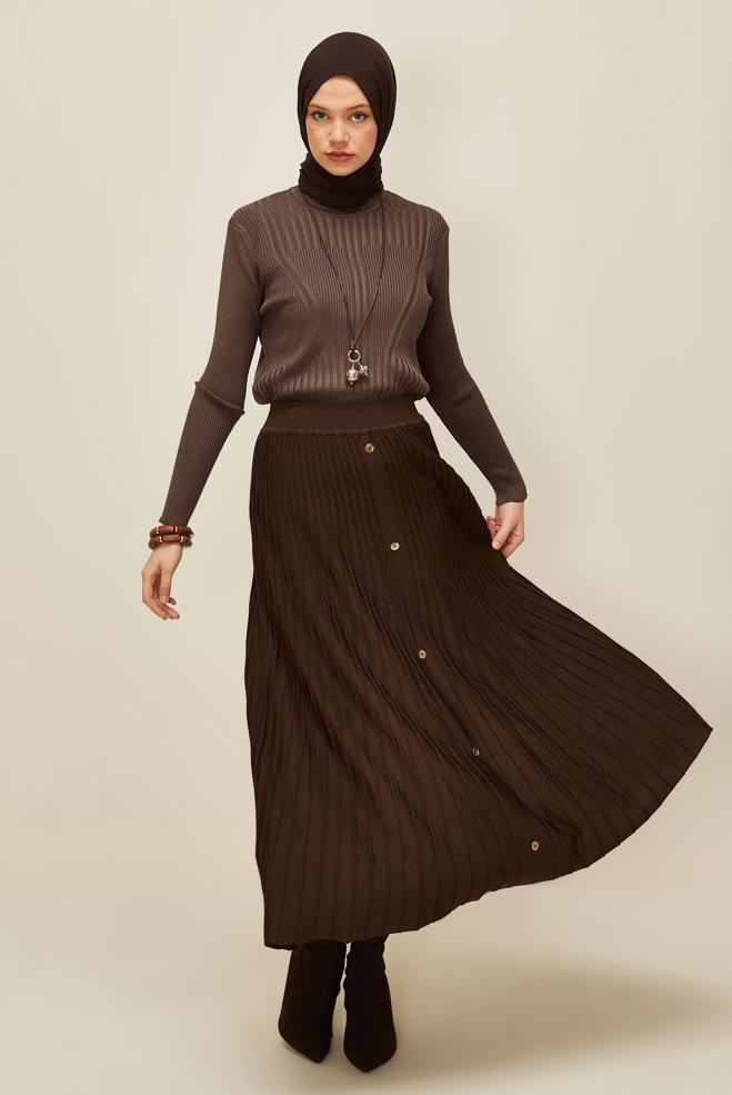 Hijab clothing BROWN BUTTON DETAILED KNITWEAR SKIRT 60700 - ALVİNA