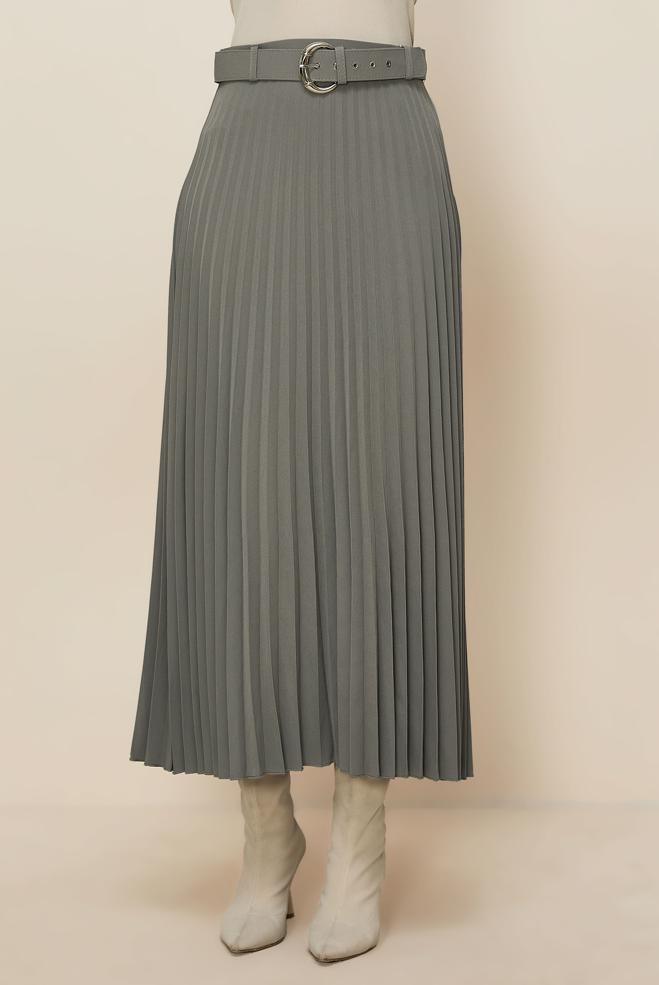 Tesettür giyim GRİ KEMERLİ ETEK 60702 - ALVİNA