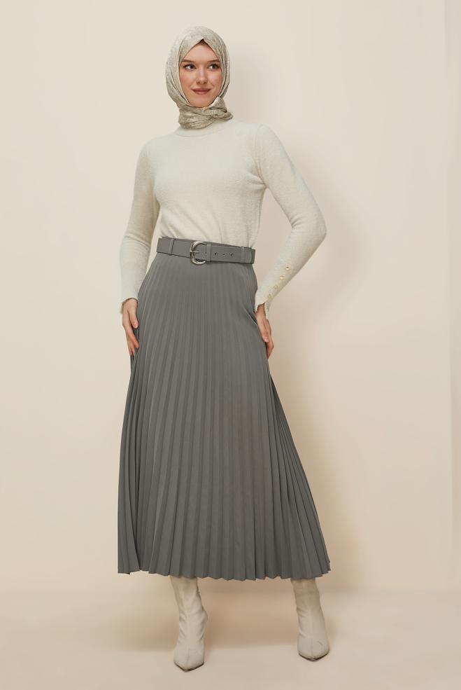 Tesettür giyim GRİ KEMERLİ ETEK 60702 - ALVİNA