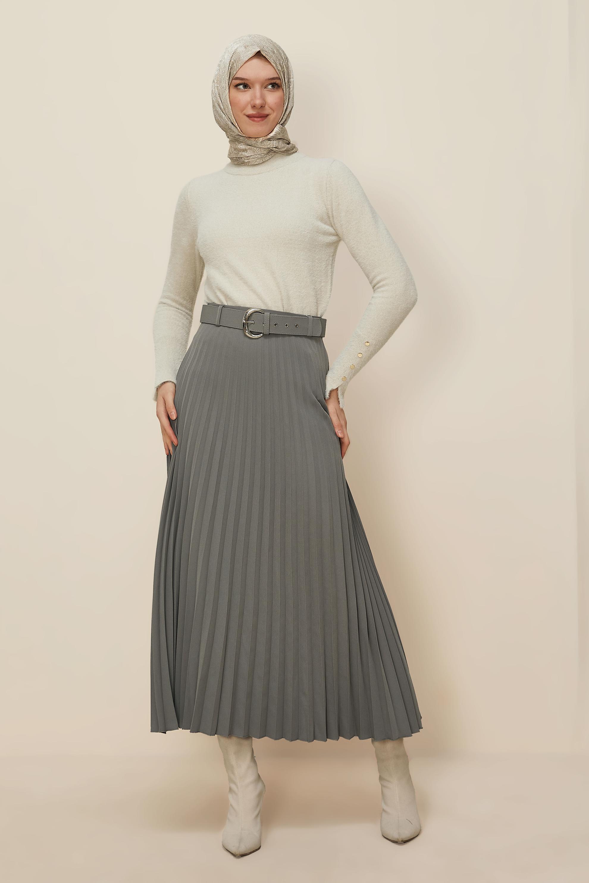 Tesettür giyim GRİ KEMERLİ ETEK 60702