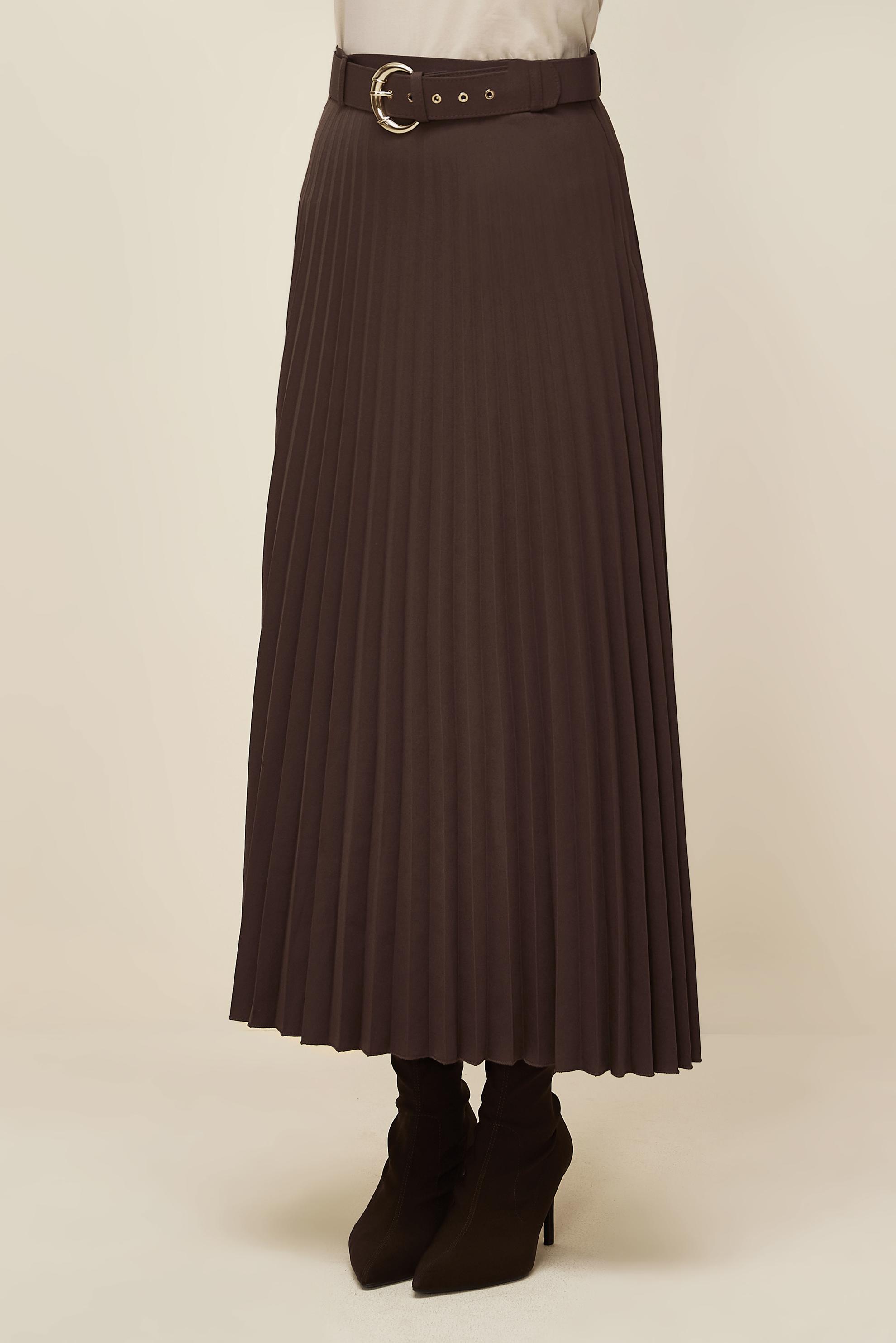 Tesettür giyim KAHVE KEMERLİ ETEK 60702