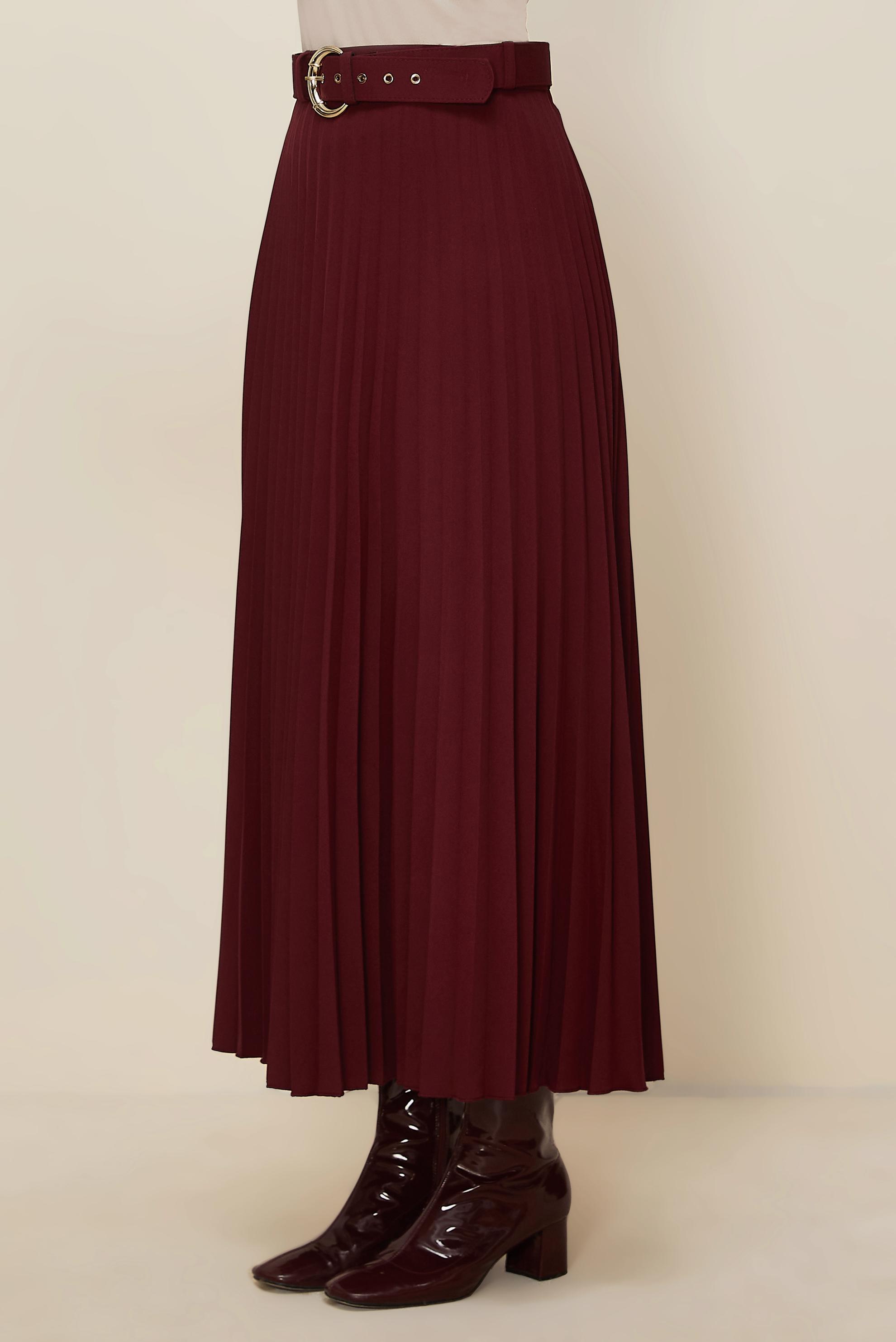 Tesettür giyim BORDO KEMERLİ ETEK 60702