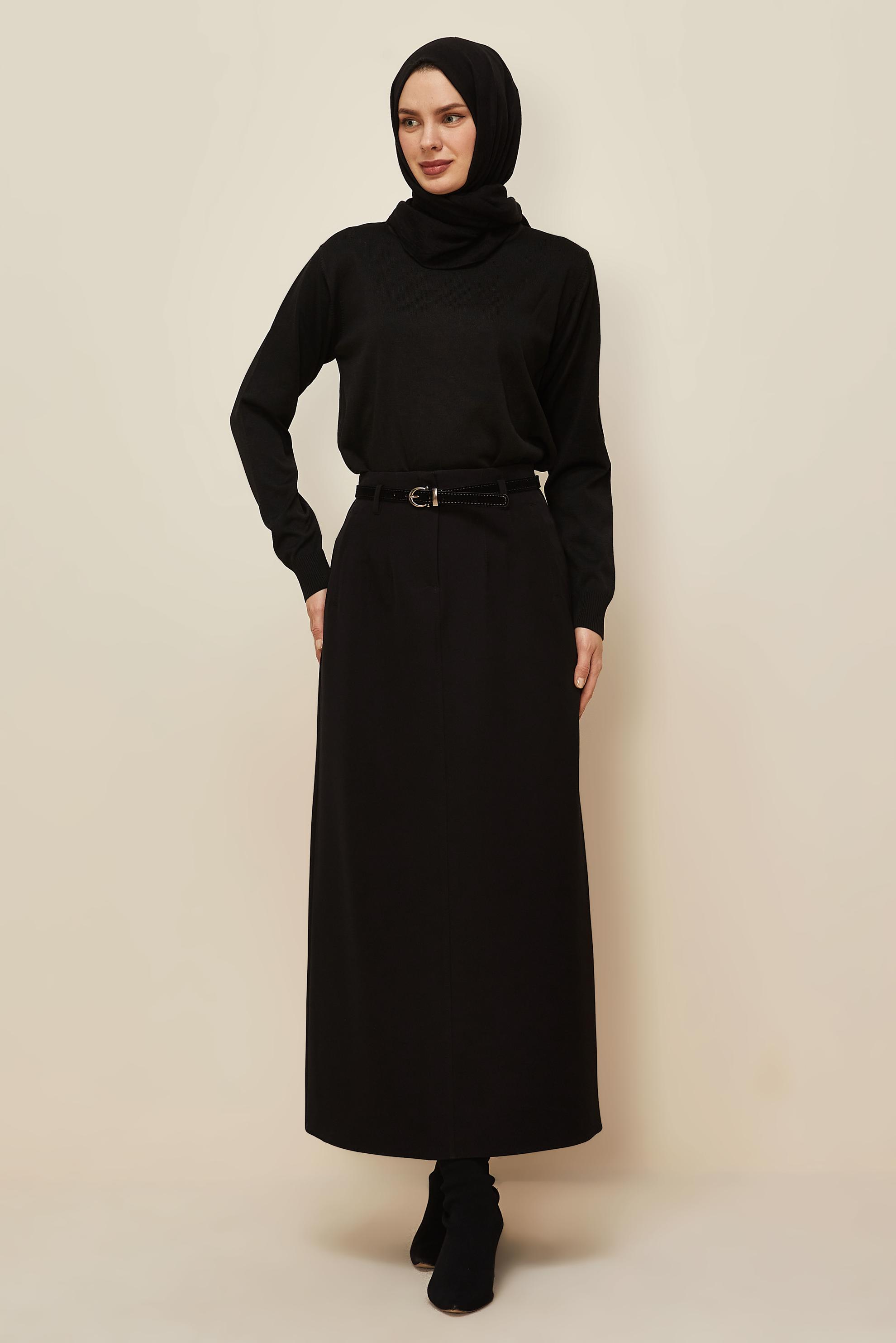 Tesettür giyim SİYAH KEMERLİ ETEK 60705