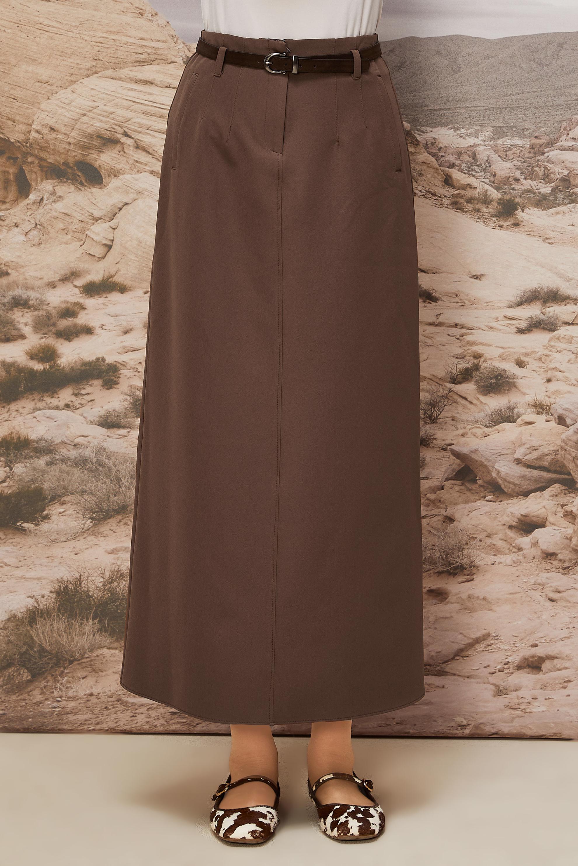 Tesettür giyim VİZON KEMERLİ ETEK 60705