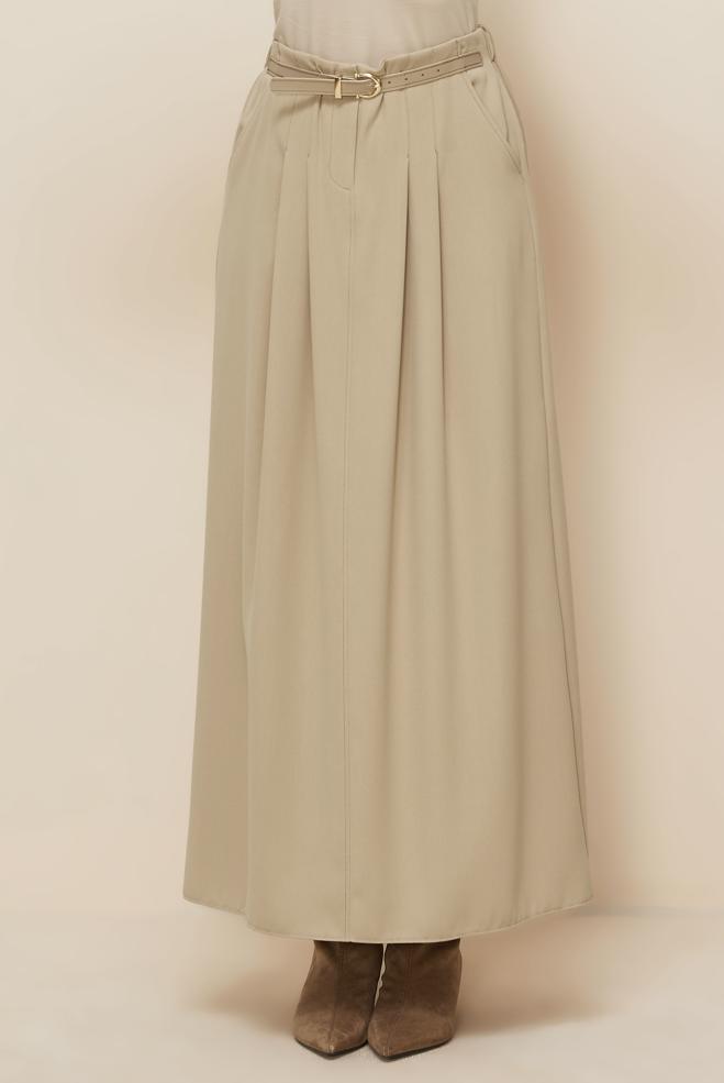 Tesettür giyim BEJ KEMERLİ ETEK 60706 - ALVİNA