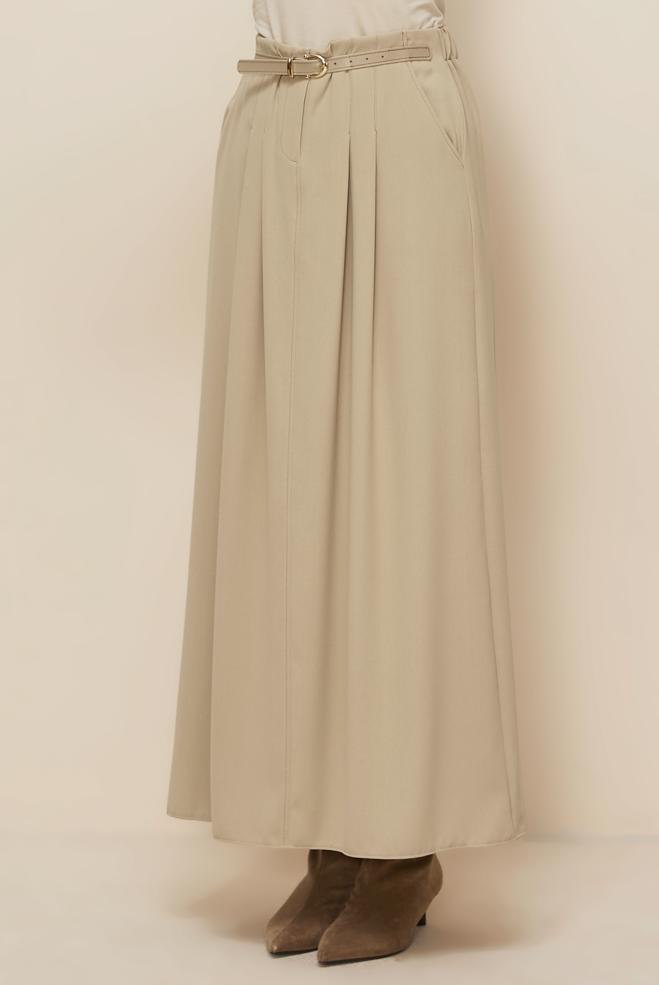 Tesettür giyim BEJ KEMERLİ ETEK 60706 - ALVİNA