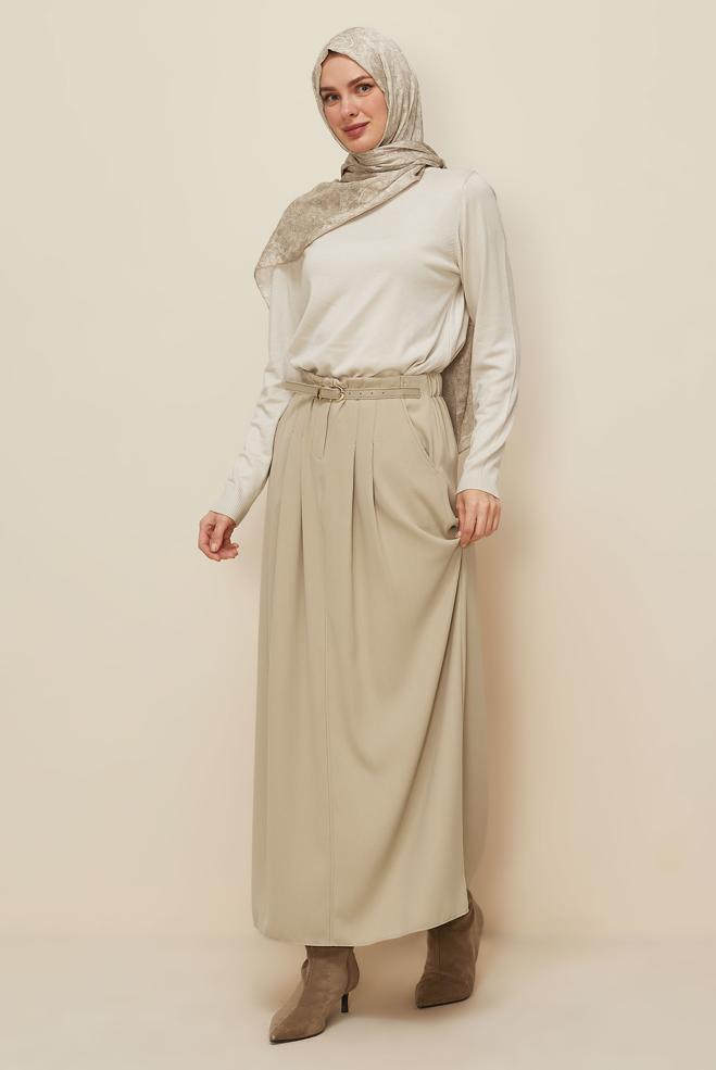 Tesettür giyim BEJ KEMERLİ ETEK 60706 - ALVİNA