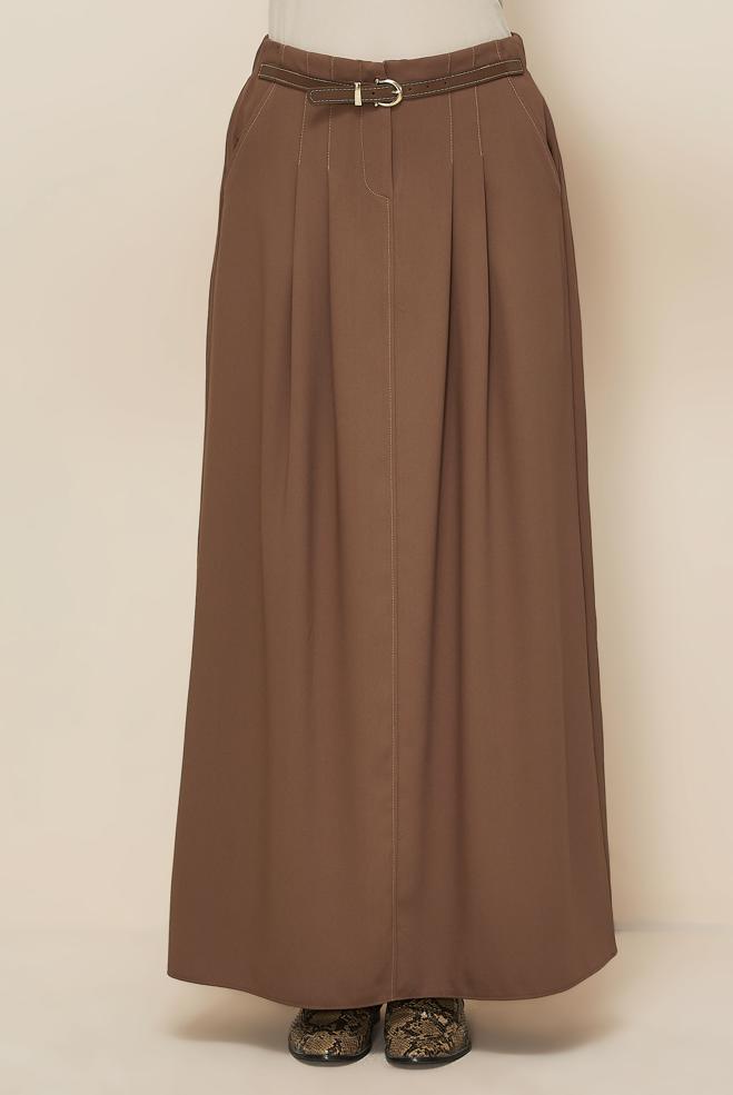 Tesettür giyim KAHVE KEMERLİ ETEK 60706 - ALVİNA