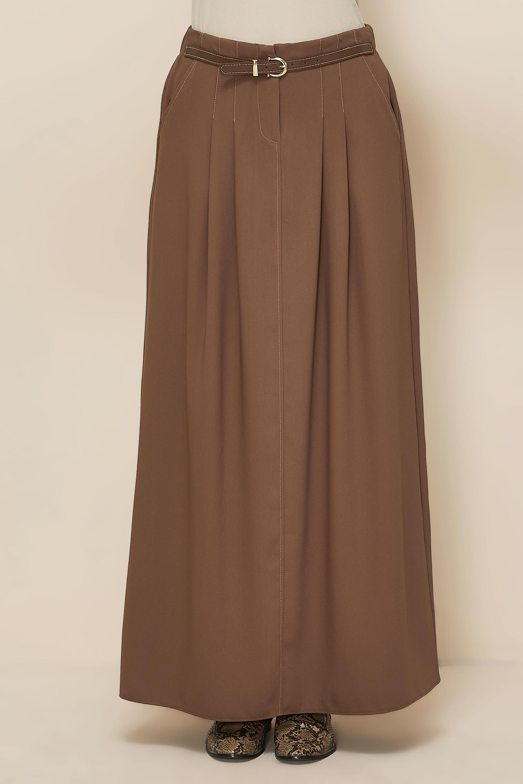 Tesettür giyim KAHVE KEMERLİ ETEK 60706