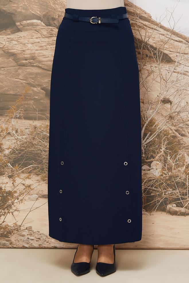 Tesettür giyim LACİVERT KEMERLİ KUŞGÖZÜ DETAYLI ETEK 60707 - ALVİNA