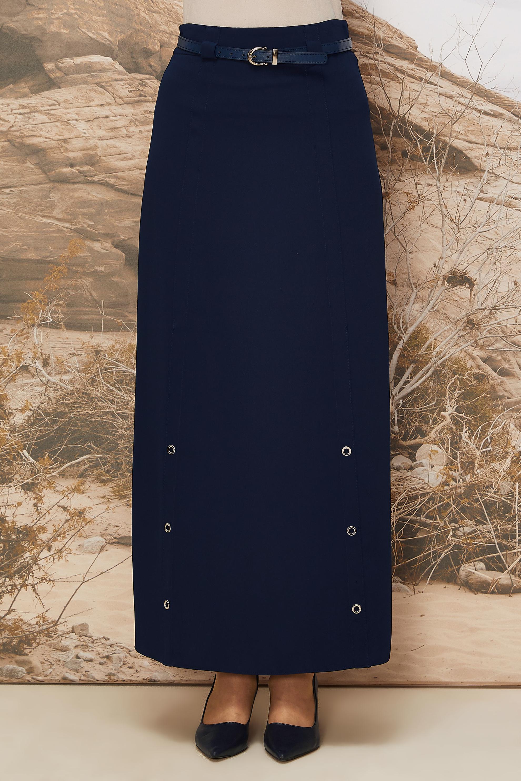 Tesettür giyim LACİVERT KEMERLİ KUŞGÖZÜ DETAYLI ETEK 60707