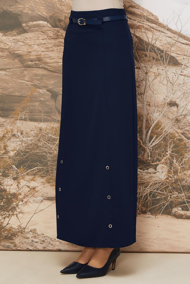 Tesettür giyim LACİVERT KEMERLİ KUŞGÖZÜ DETAYLI ETEK 60707 - ALVİNA