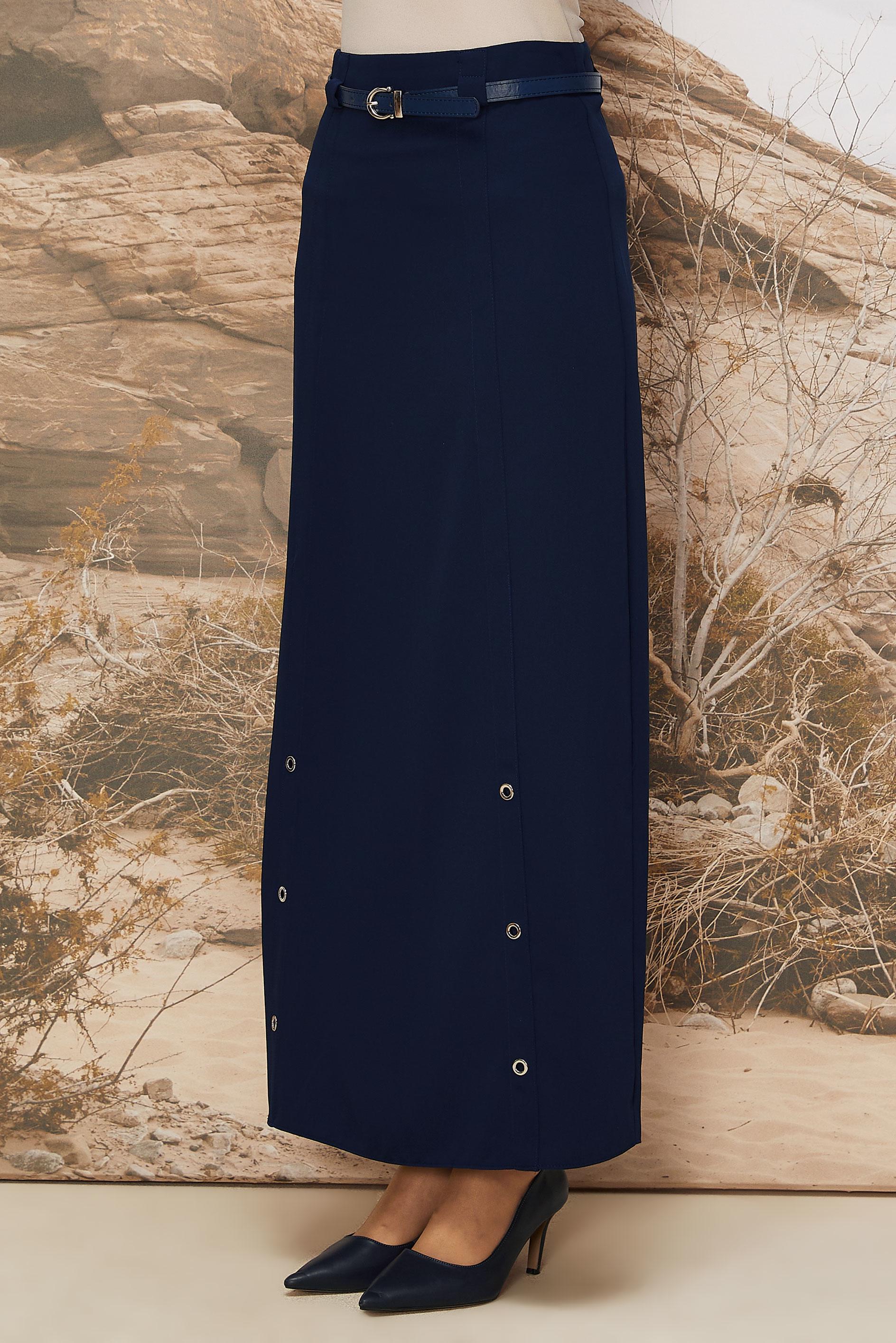 Tesettür giyim LACİVERT KEMERLİ KUŞGÖZÜ DETAYLI ETEK 60707