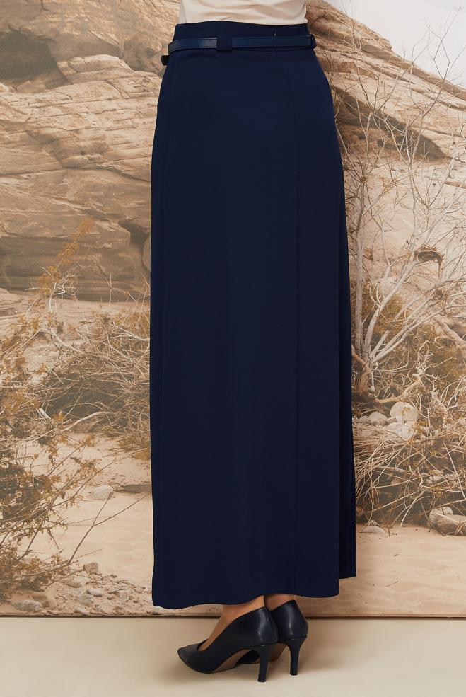 Tesettür giyim LACİVERT KEMERLİ KUŞGÖZÜ DETAYLI ETEK 60707 - ALVİNA