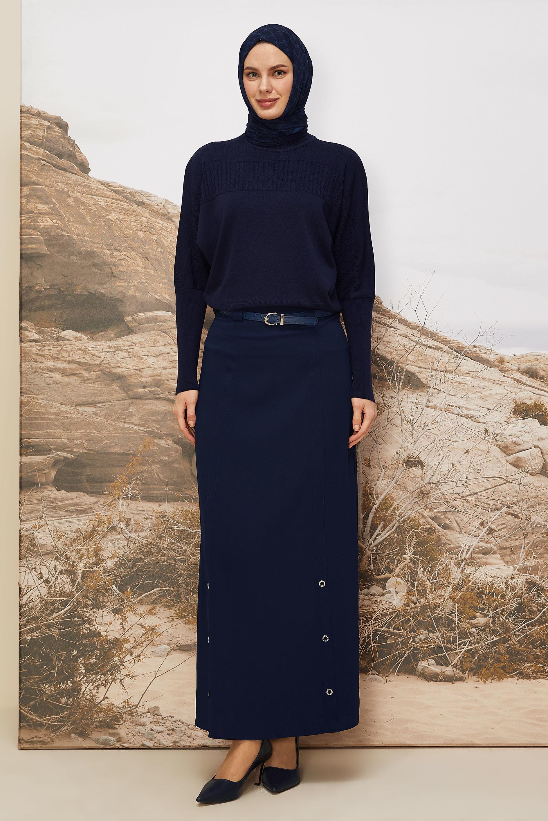 Tesettür giyim LACİVERT KEMERLİ KUŞGÖZÜ DETAYLI ETEK 60707
