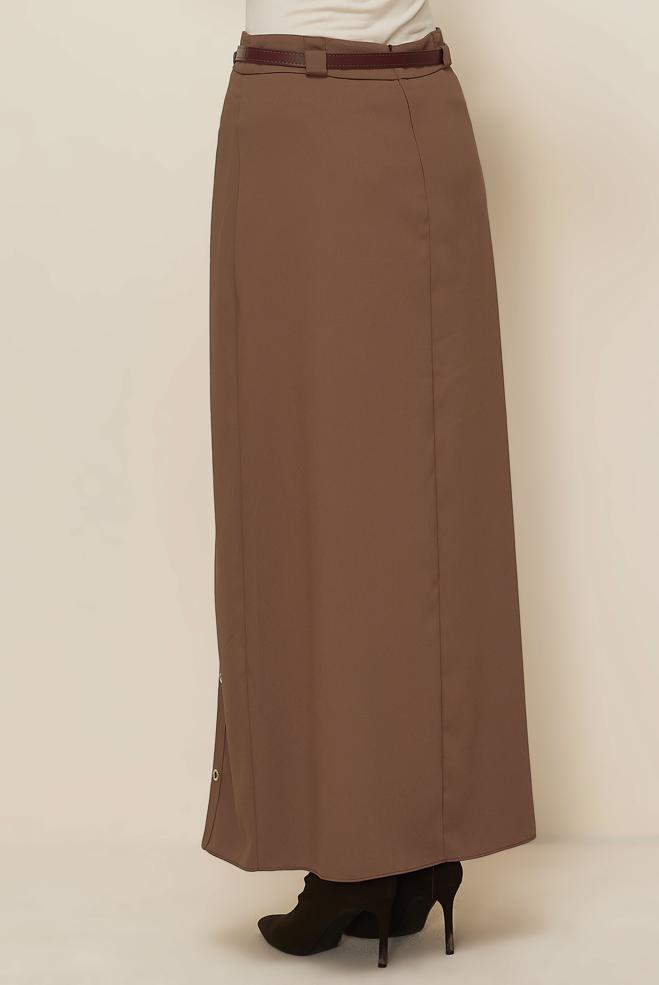 Tesettür giyim KAHVE KEMERLİ KUŞGÖZÜ DETAYLI ETEK 60707 - ALVİNA