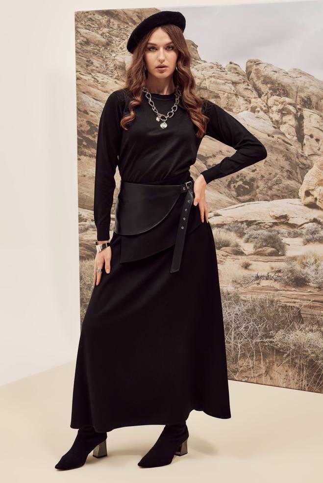 Hijab clothing BLACK BELTED SKIRT 60708 - ALVİNA