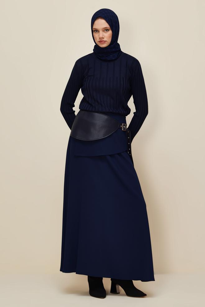 Hijab clothing NAVY BLUE BELTED SKIRT 60708 - ALVİNA
