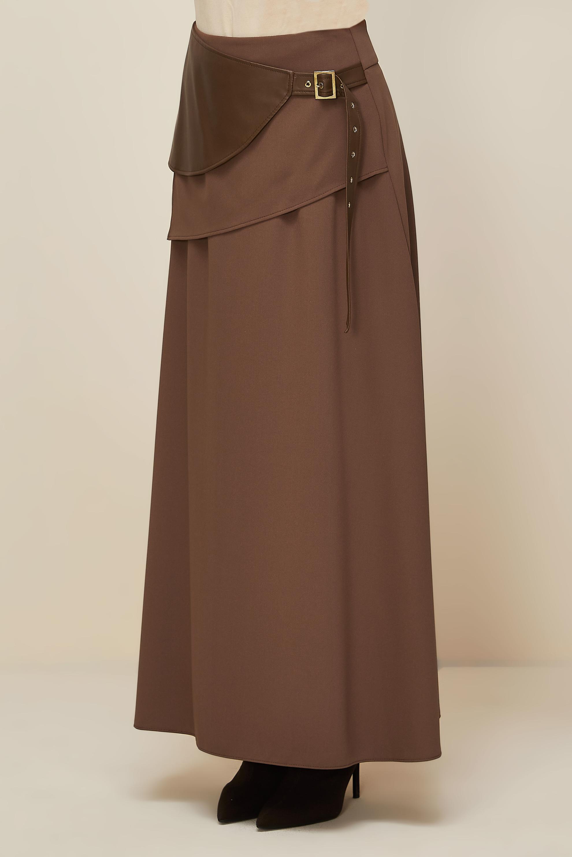 Tesettür giyim KAHVE KEMERLİ ETEK 60708