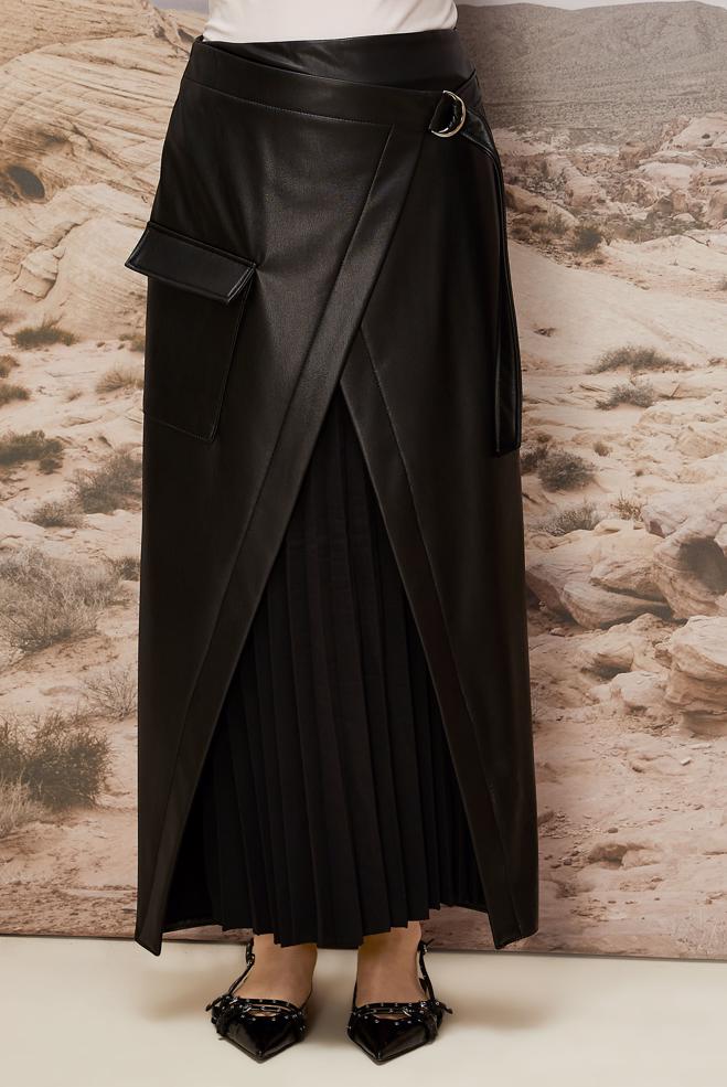 Hijab clothing BLACK FAUX-LEATHER SKIRT 60709 - ALVİNA