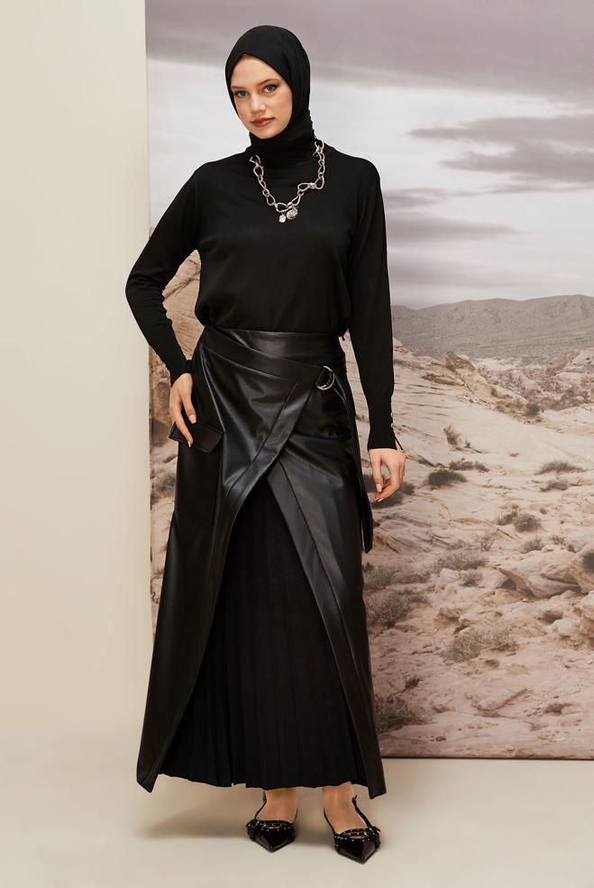 Hijab clothing BLACK FAUX-LEATHER SKIRT 60709 - ALVİNA