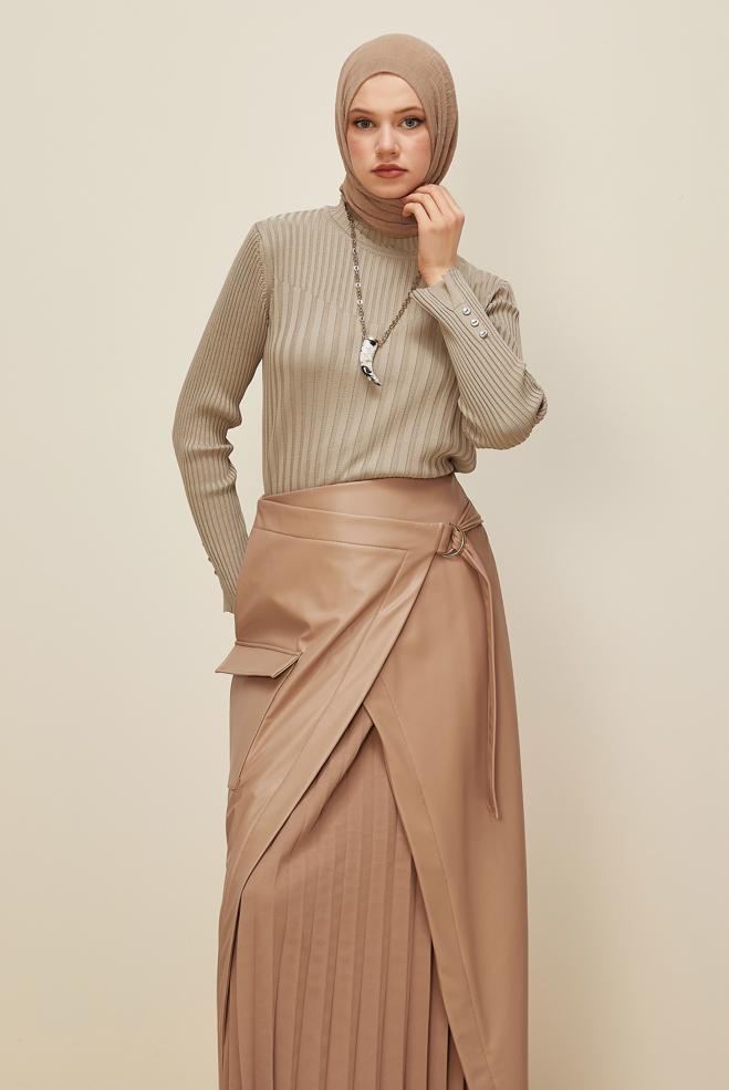 Hijab clothing BEIGE FAUX-LEATHER SKIRT 60709 - ALVİNA