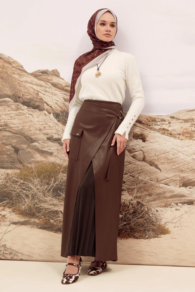 Tesettür giyim KAHVE SUNİ DERİ ETEK 60709 - ALVİNA
