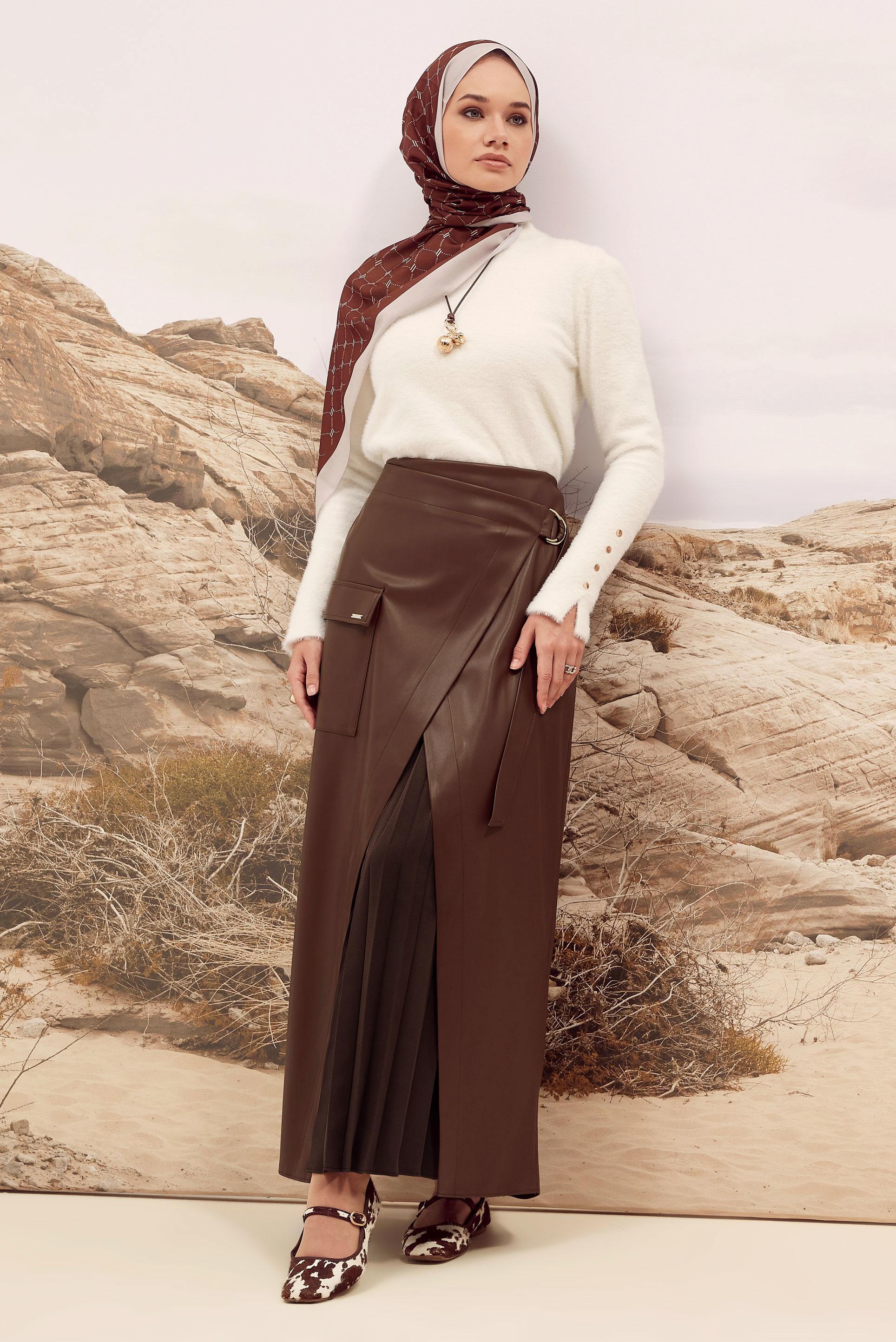 Tesettür giyim KAHVE SUNİ DERİ ETEK 60709