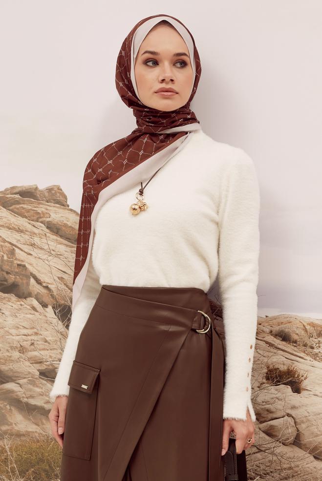 Tesettür giyim KAHVE SUNİ DERİ ETEK 60709 - ALVİNA