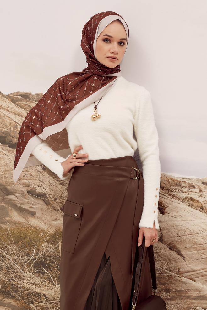 Tesettür giyim KAHVE SUNİ DERİ ETEK 60709 - ALVİNA
