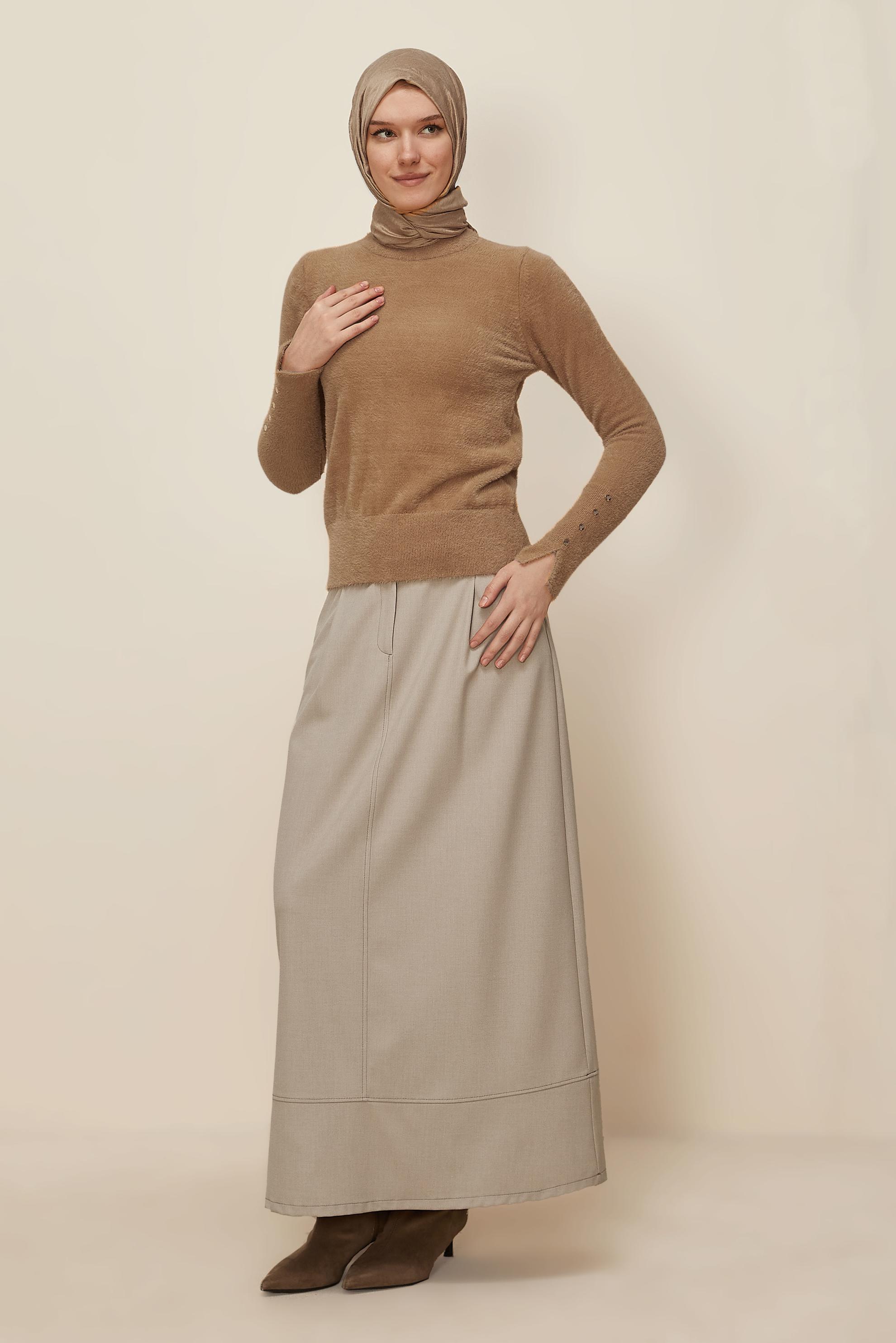 Tesettür giyim BEJ DÜĞMELİ ETEK 60710