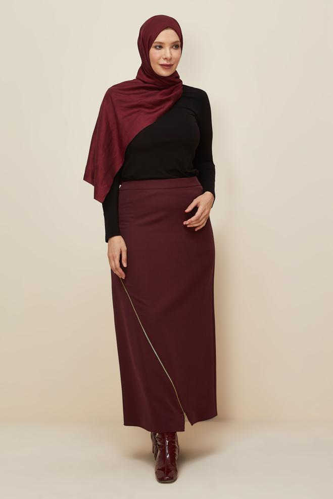 Vêtements hijab ROUGE BORDEAUX JUPE DÉTAILLÉE À GLISSIÈRE 60712 - ALVİNA