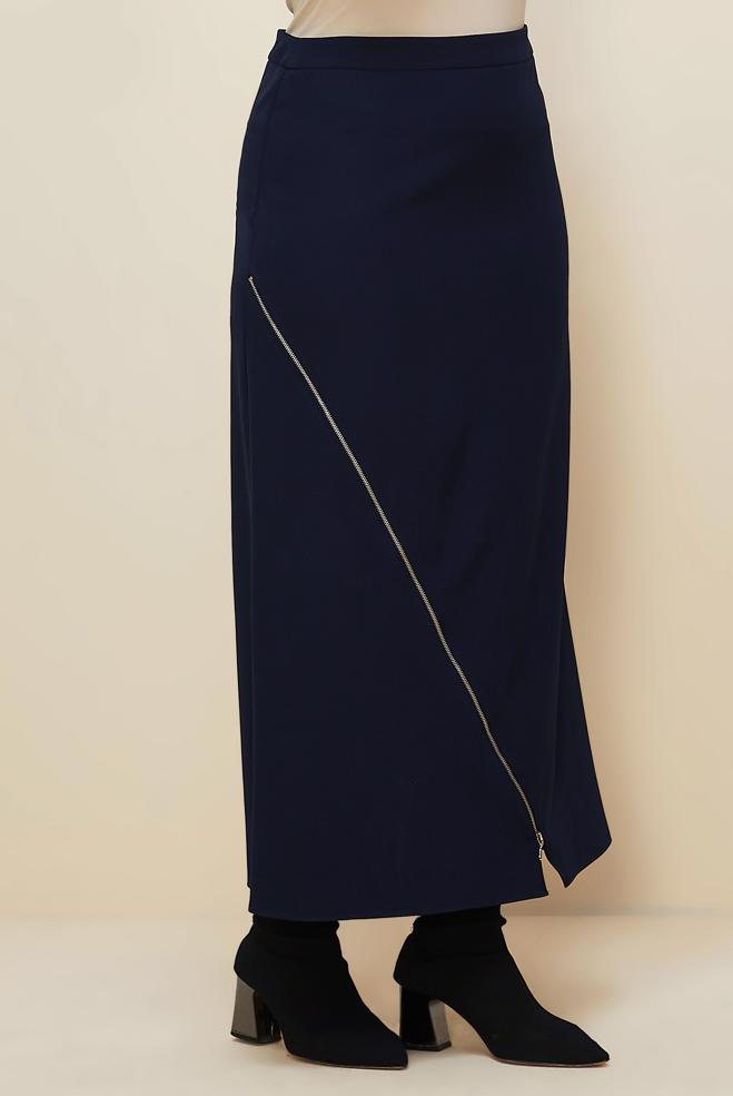 Vêtements hijab BLEU MARINE JUPE DÉTAILLÉE À GLISSIÈRE 60712 - ALVİNA