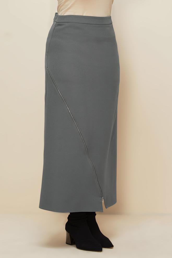 Vêtements hijab GRIS JUPE DÉTAILLÉE À GLISSIÈRE 60712 - ALVİNA