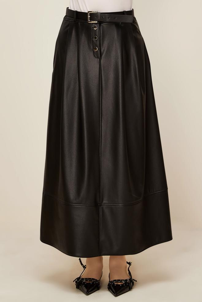 Hijab clothing BLACK BELTED FAUX-LEATHER SKIRT 60716 - ALVİNA