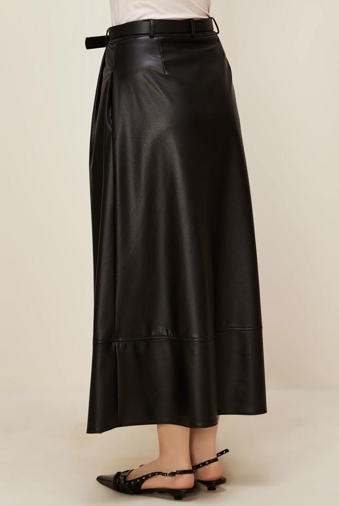Hijab clothing BLACK BELTED FAUX-LEATHER SKIRT 60716 - ALVİNA