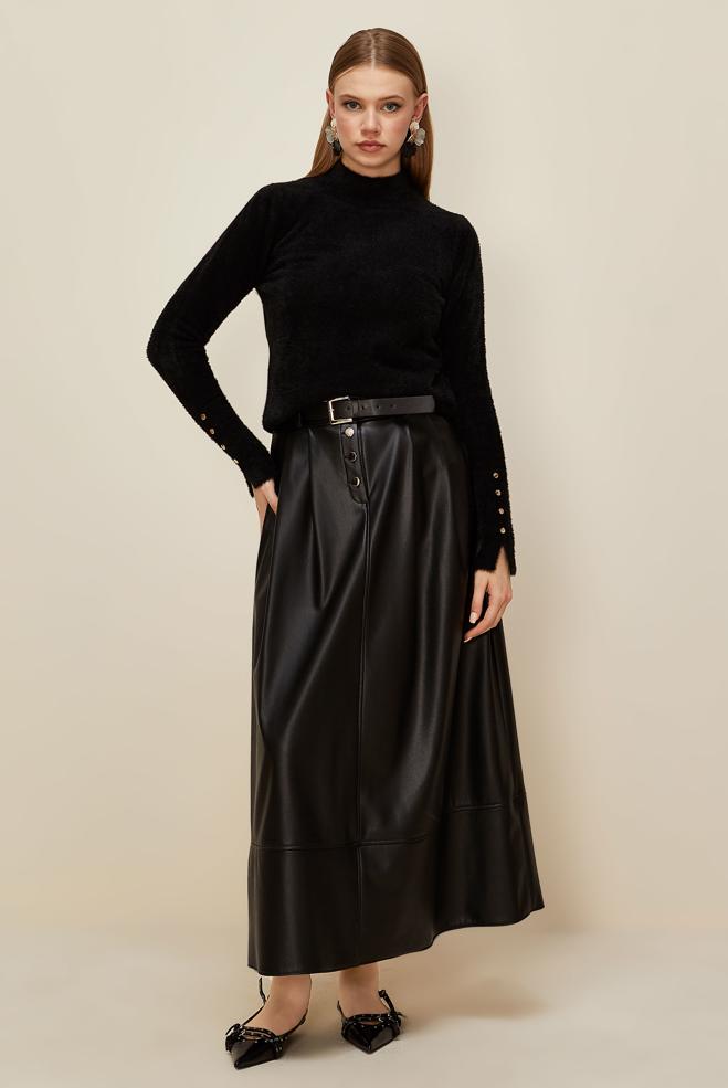 Hijab clothing BLACK BELTED FAUX-LEATHER SKIRT 60716 - ALVİNA