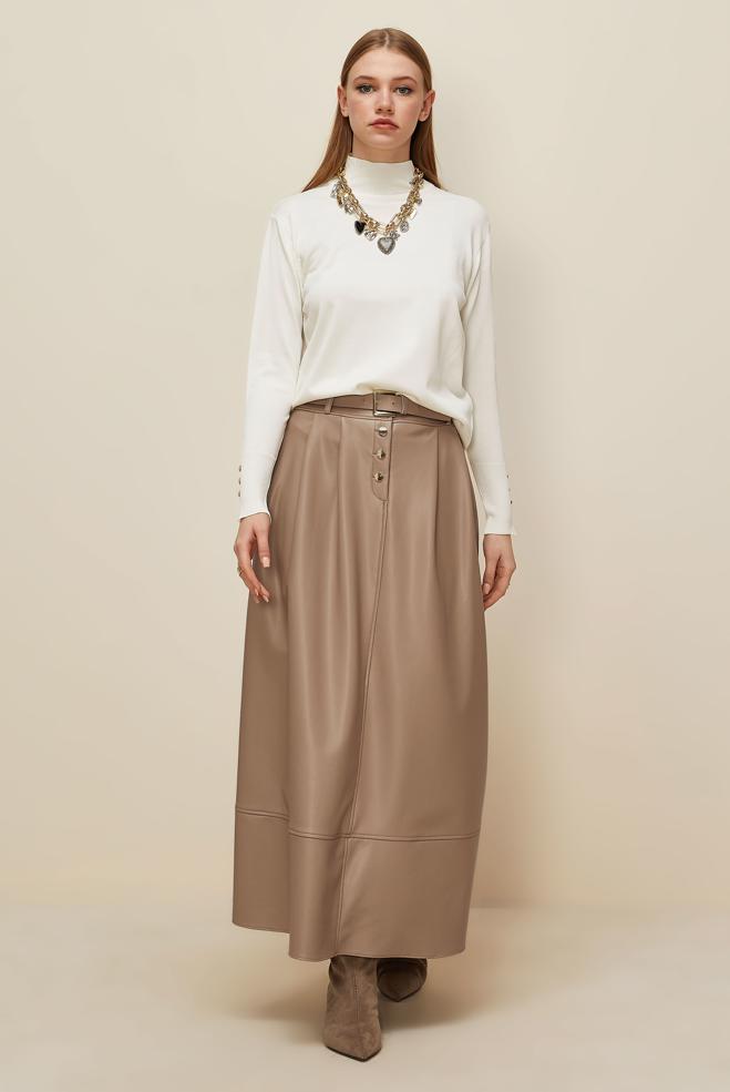 Hijab clothing BEIGE BELTED FAUX-LEATHER SKIRT 60716 - ALVİNA