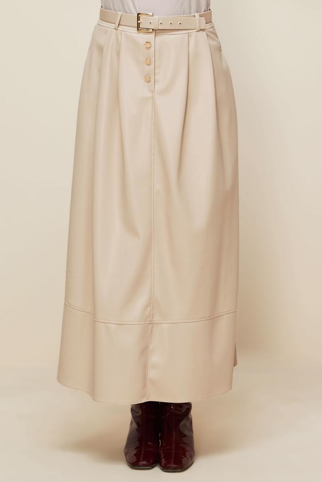 Tesettür giyim BEJ KEMERLİ SUNİ DERİ ETEK 60716 - ALVİNA