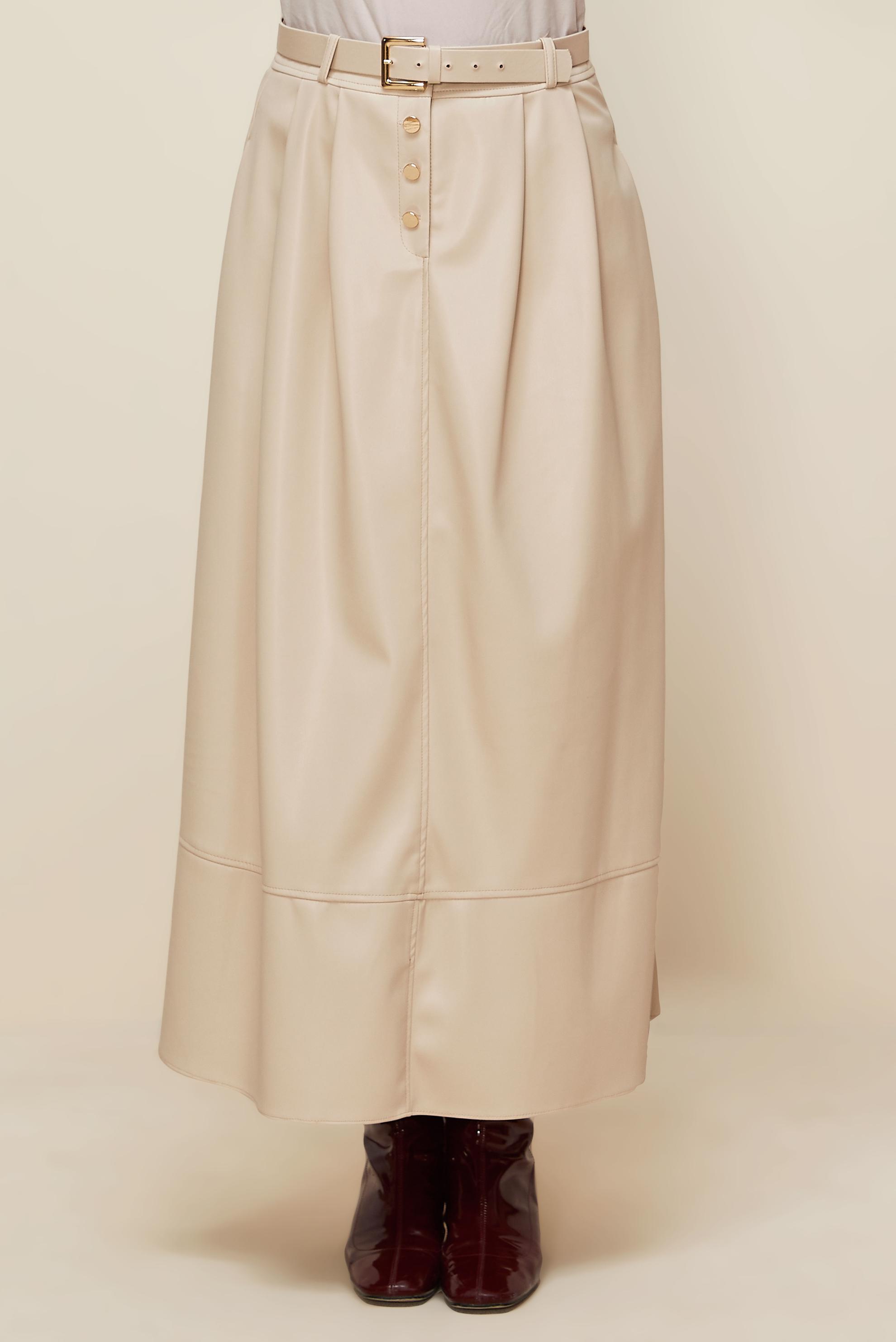 Tesettür giyim BEJ KEMERLİ SUNİ DERİ ETEK 60716