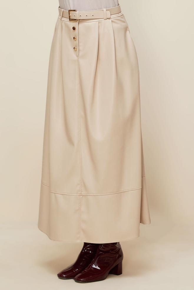 Tesettür giyim BEJ KEMERLİ SUNİ DERİ ETEK 60716 - ALVİNA