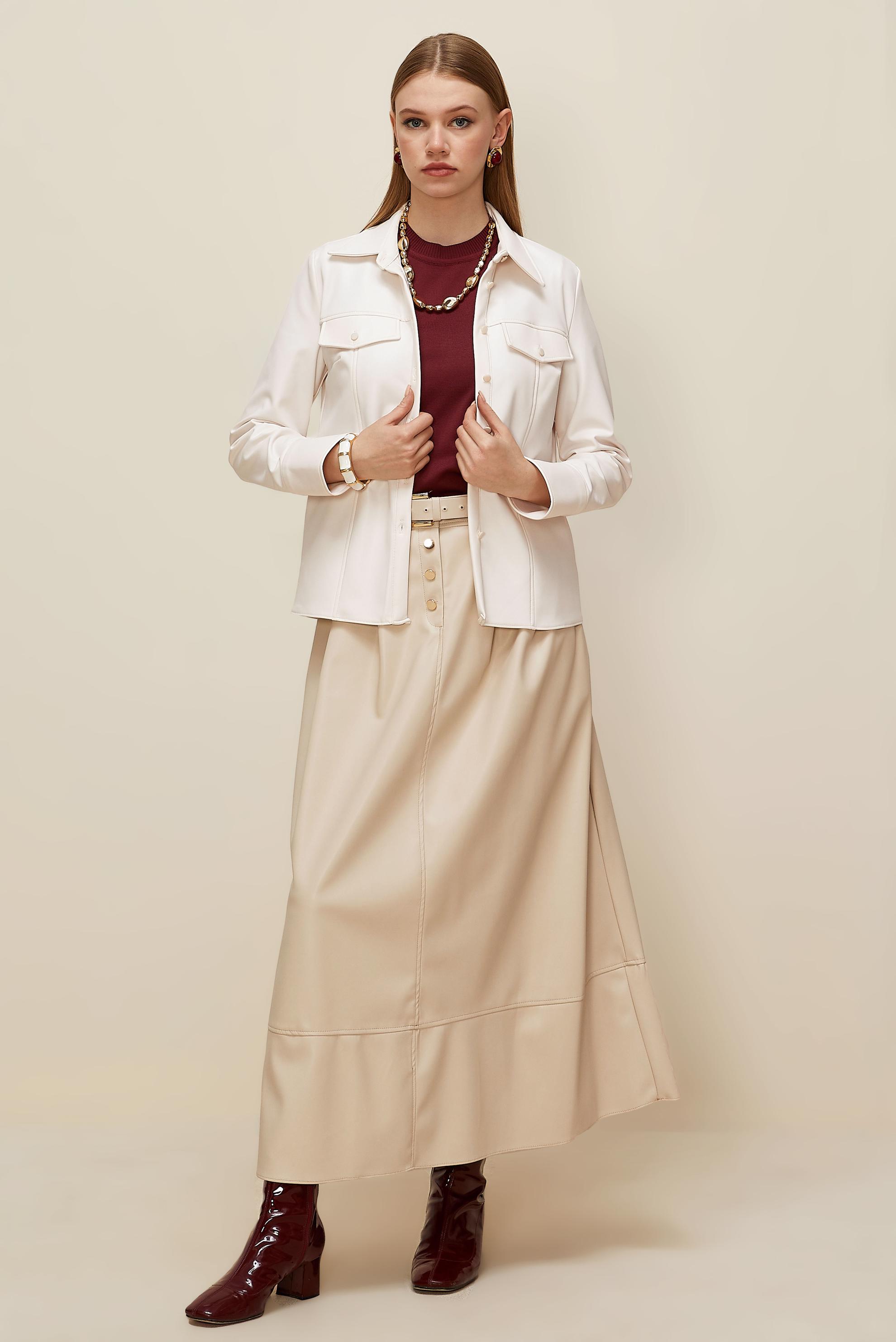 Tesettür giyim BEJ KEMERLİ SUNİ DERİ ETEK 60716