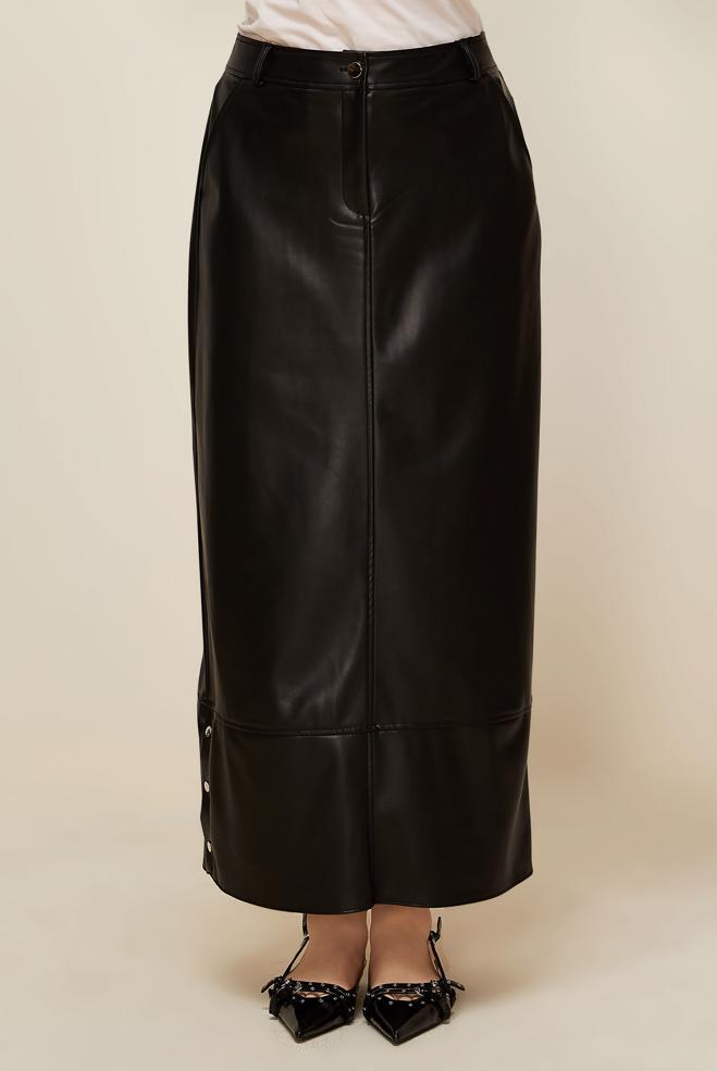 Hijab clothing BLACK SNAPPED FAUX-LEATHER SKIRT 60718 - ALVİNA