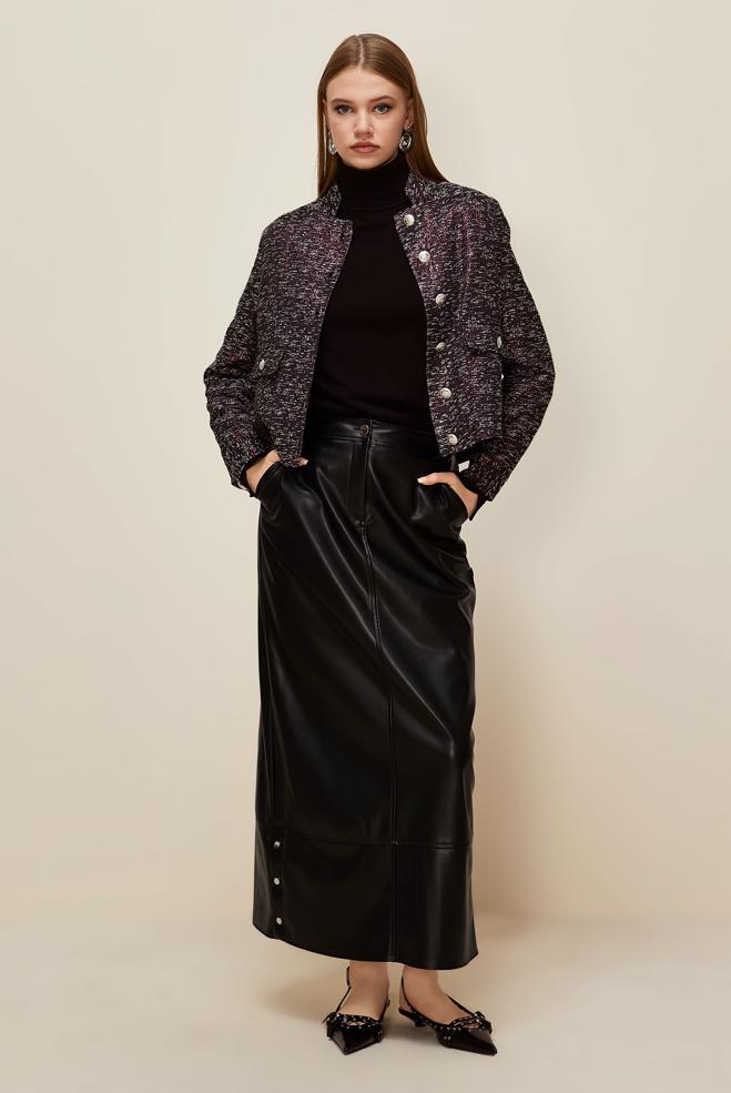 Hijab clothing BLACK SNAPPED FAUX-LEATHER SKIRT 60718 - ALVİNA