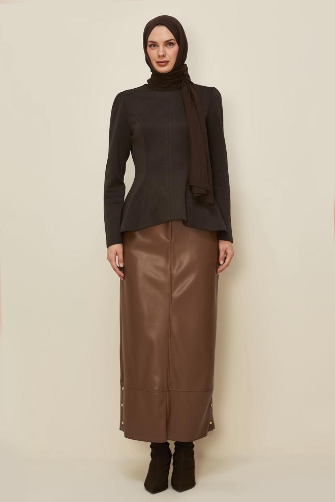 Hijab clothing TABA SNAPPED FAUX-LEATHER SKIRT 60718 - ALVİNA