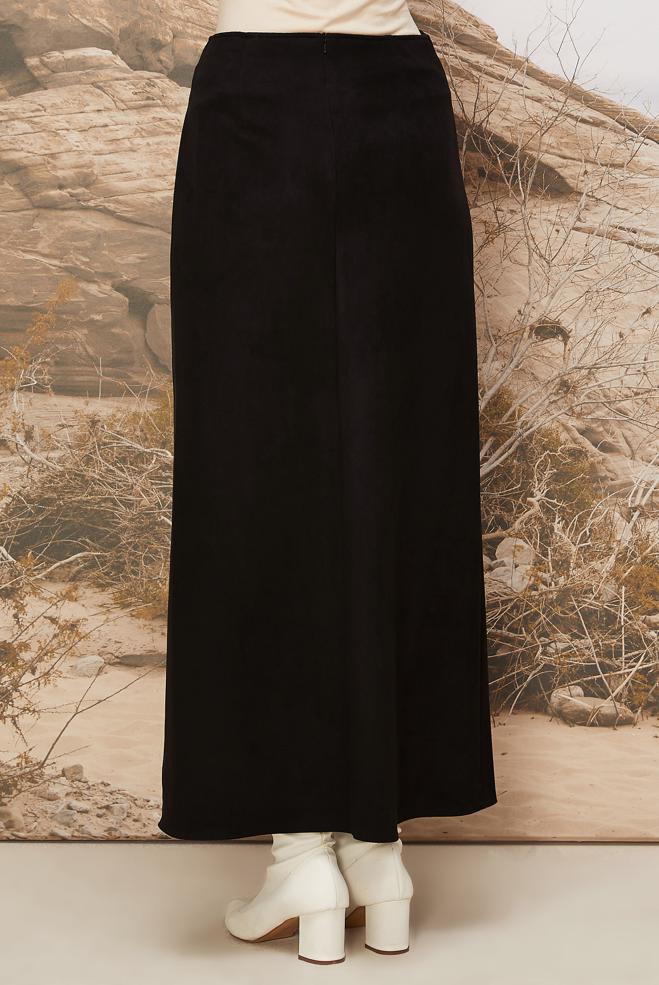Vêtements hijab NOIR JUPE EN DAIM DÉTAILLÉE AVEC CEINTURE 60725 - ALVİNA