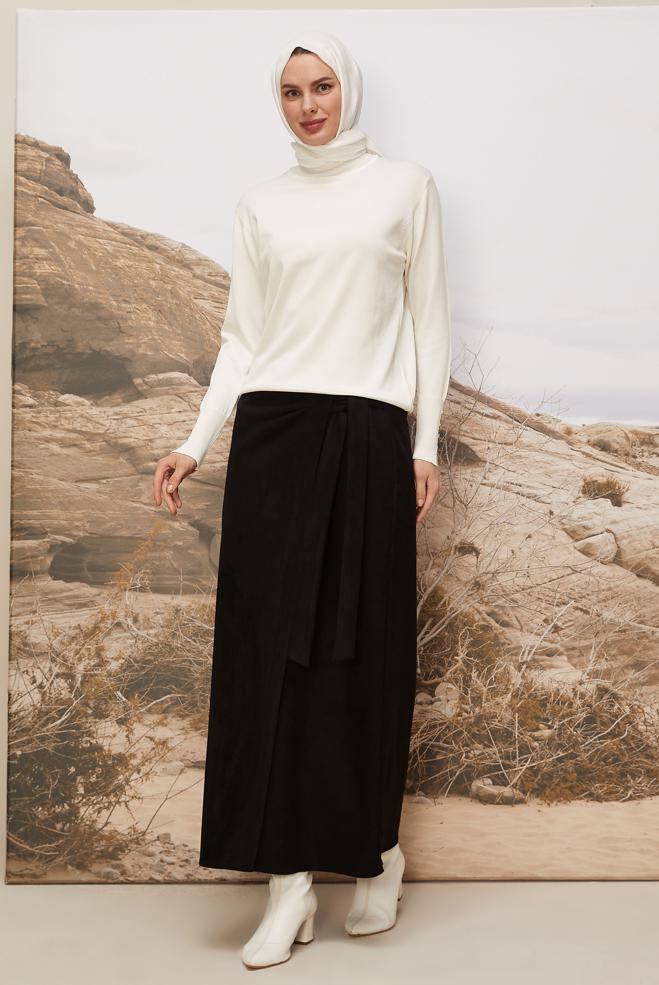 Vêtements hijab NOIR JUPE EN DAIM DÉTAILLÉE AVEC CEINTURE 60725 - ALVİNA