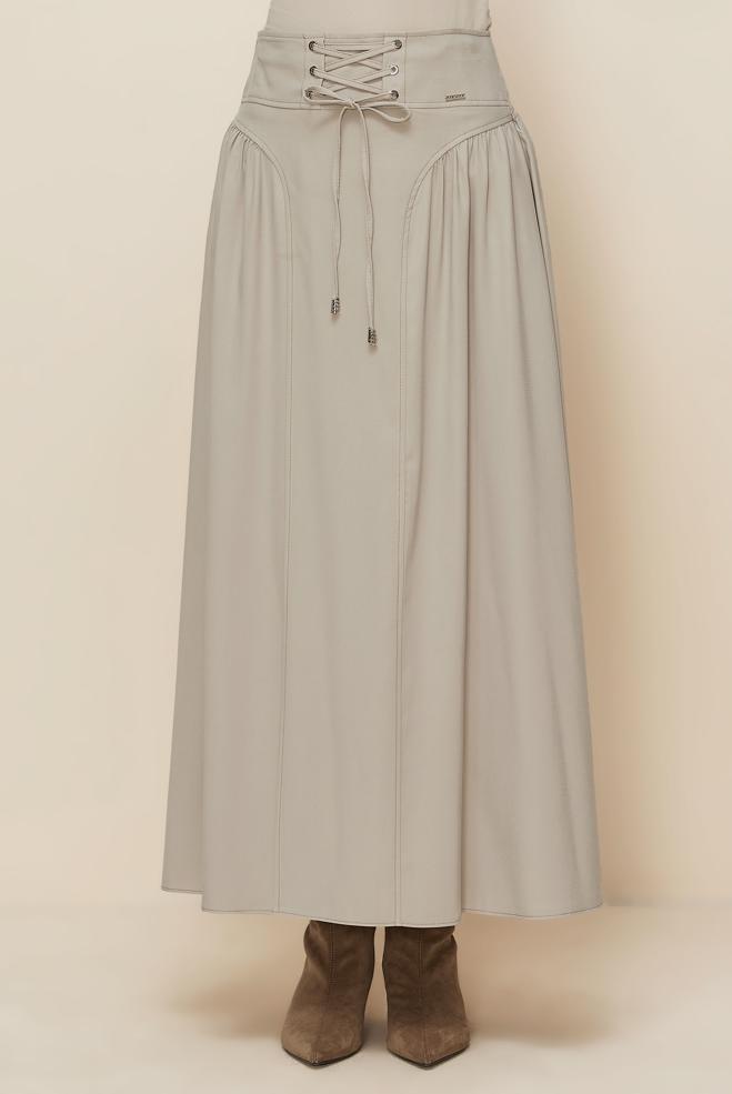 Tesettür giyim BEJ BAĞCIK DETAYLI ETEK 60728 - ALVİNA