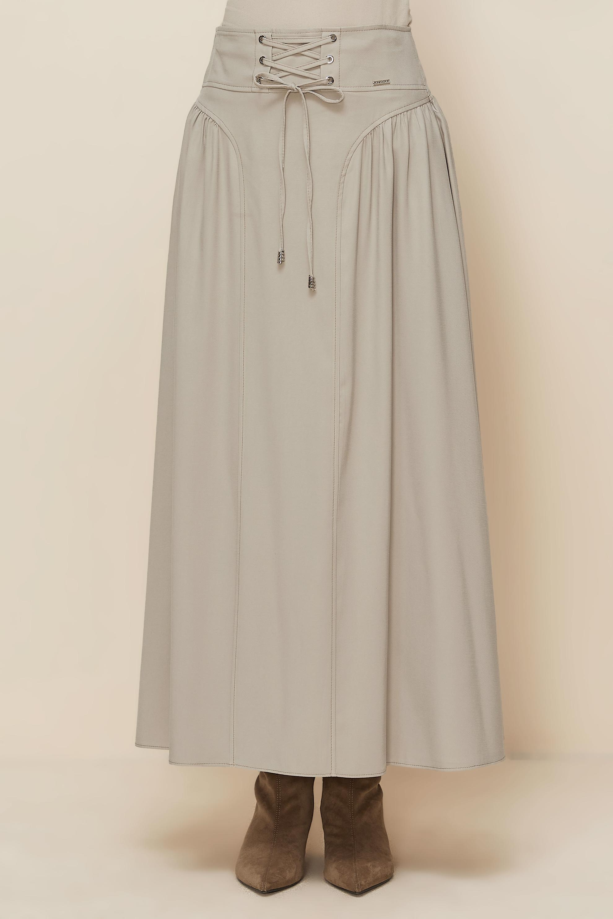 Tesettür giyim BEJ BAĞCIK DETAYLI ETEK 60728